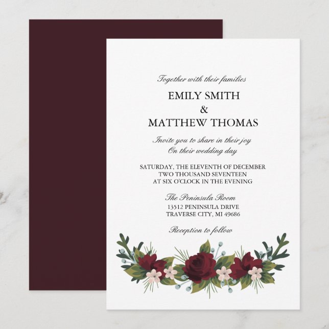 Marsala Blommigt Winter Wedding Inbjudan (Fram/baksida)