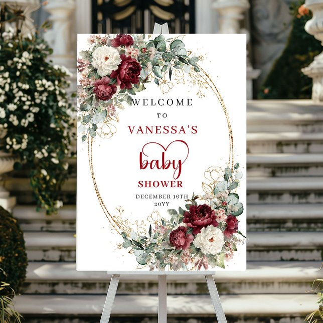 Marsala Blommor Eucalyptus Baby Shower Välkomstsky Poster (Marsala Flowers Eucalyptus Baby Shower Welcome)