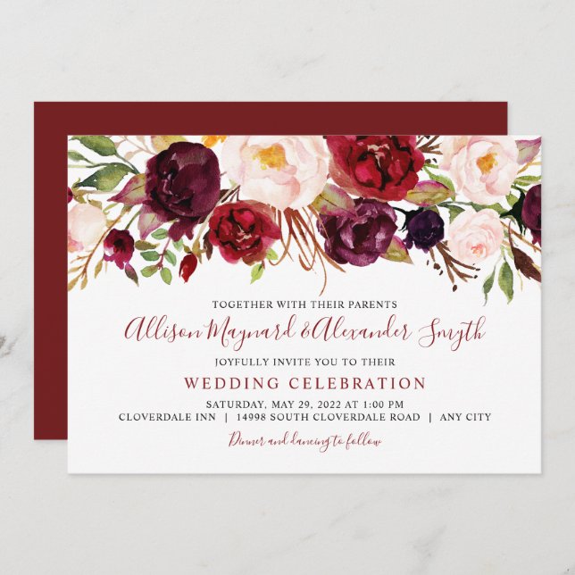 Marsala  blommor vattenfärgen blommigt bröllop inbjudningar (Fram/baksida)