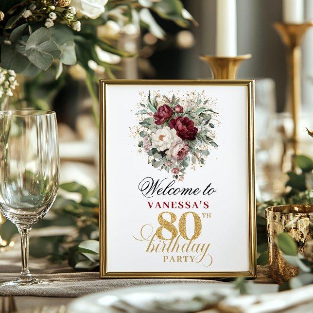 Marsala Blush Burgundy 80-årsdag Poster (Marsala Blush Burgundy 80th Birthday Poster)