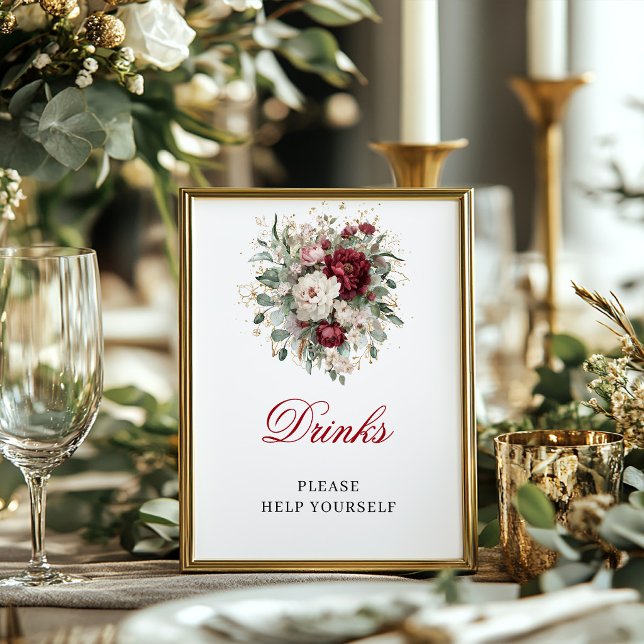 Marsala Blush Burgundy Dryckes Skylt för Bröllopsf (Marsala Blush Burgundy Drinks Bridal Shower Sign)