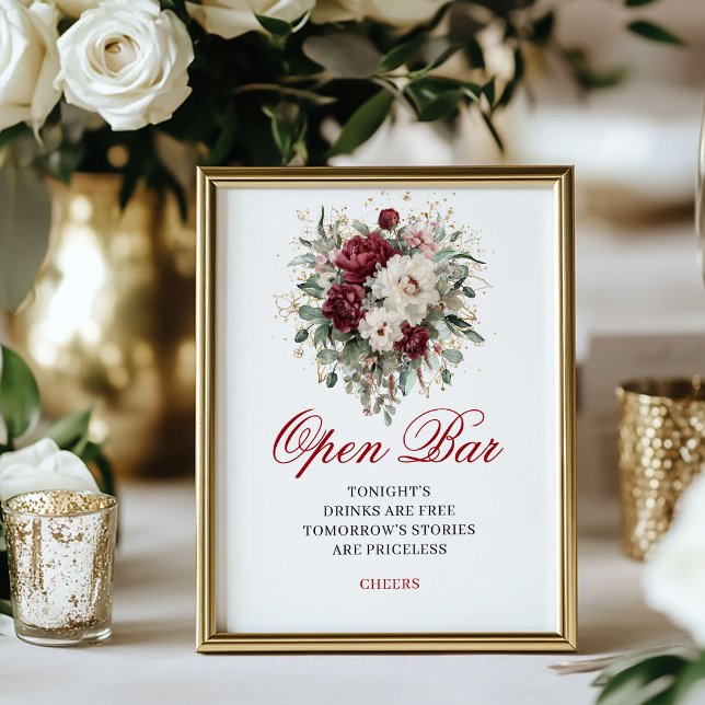 Marsala Blush Burgundy Öppen Bar 8x10 Skylt (Marsala Blush Burgundy Open Bar 8x10 Sign)