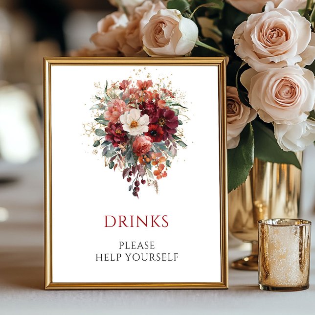 Marsala Boho Blommiga Drycker Eukalyptus Bordsskiv Poster (Marsala Boho Floral Drinks Eucalyptus Tabletop

)