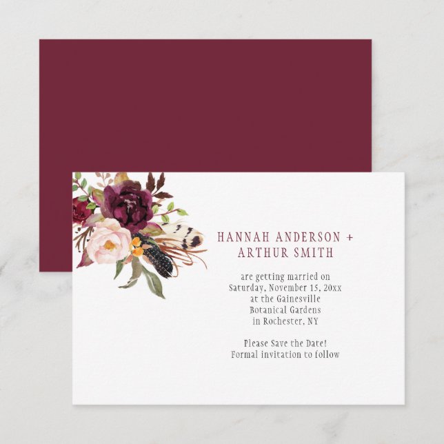 Marsala Boho Blommor Spara Datum Inbjudningar (Fram/baksida)