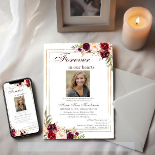 Marsala Boho Guld Memorial Service Funeral Photo Inbjudningar