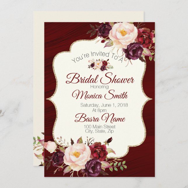 Marsala Burgandy Watercolor Blommigt Möhippa Inbjudningar (Fram/baksida)