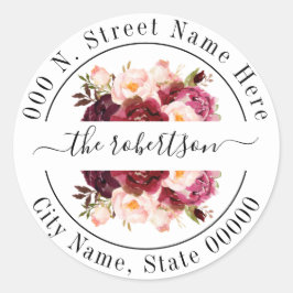 Marsala burgudy blommigt boho chic returadress runt klistermärke