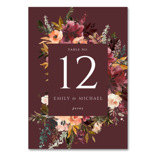 Marsala Burgunder Persika Vattenfärg Blommig Bordsnummer (Framsidan)