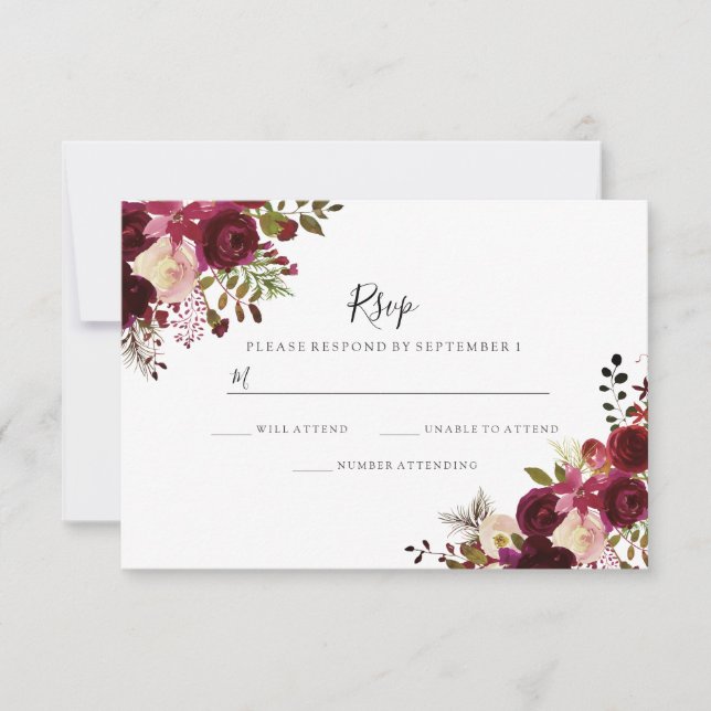Marsala Burgunder Röd Blommig Bröllop RSVP OSA Kort (Framsida)