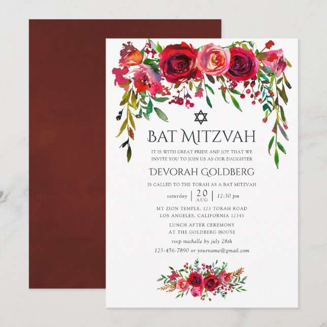 Marsala-Burgundy Blommig Bar Mitzvah Inbjudningar (Fram/baksida)