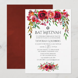 Marsala-Burgundy Blommig Bar Mitzvah Inbjudningar