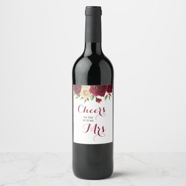 Marsala Burgundy Blommig Bröllopsdusch Möhippa Vinflaska Etikett (Framsida)