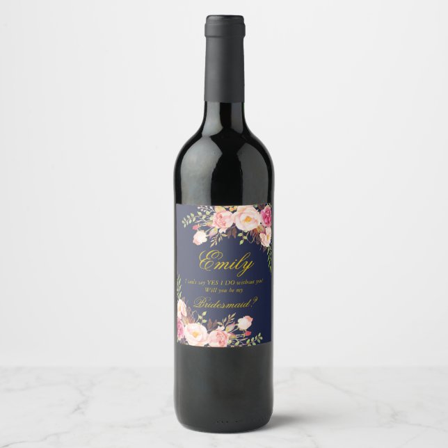 Marsala Burgundy Blommigt Bridesmaid Frieri-2 Vinflaska Etikett (Framsida)