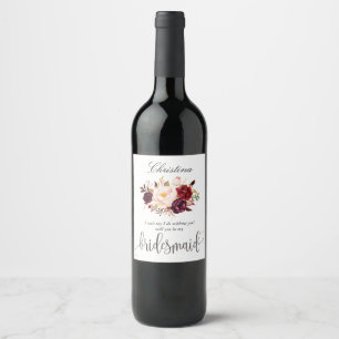 Marsala Burgundy Blommigt Bridesmaid Frieri-7 Vinflaska Etikett