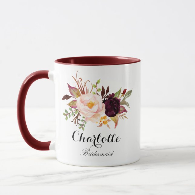 Marsala burgundy Blommigt bridesmaid Mugg (Vänster)
