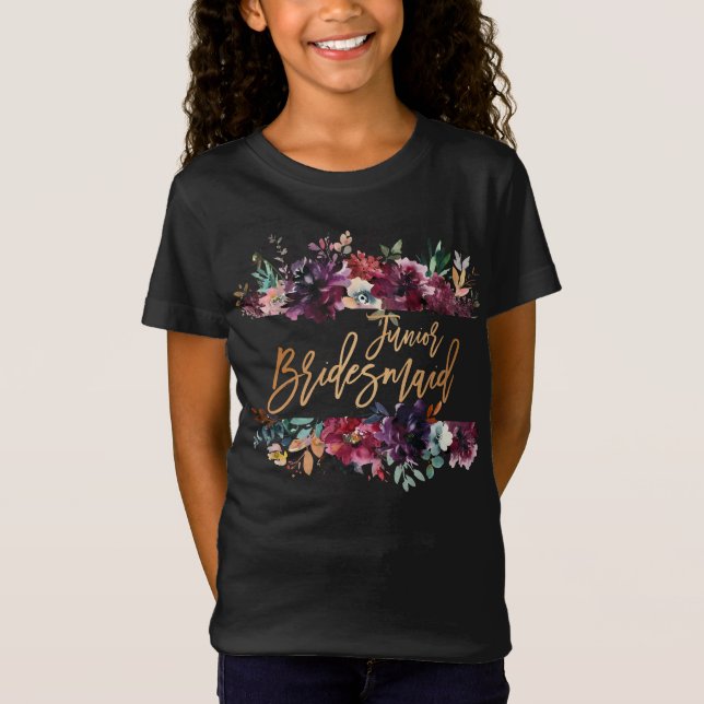 Marsala Burgundy Blommigt Gold Foil Jr Bridesmaid T Shirt (Framsida)