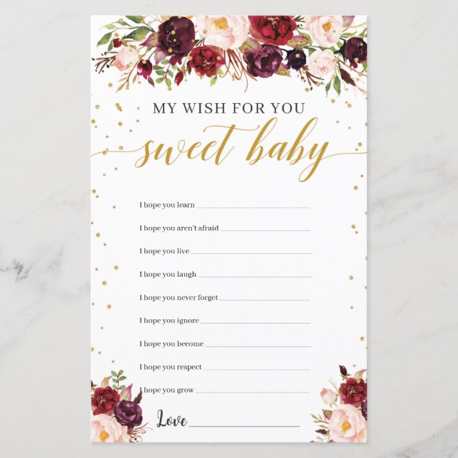 Marsala burgundy blommigt guld önskemål för baby (Framsida)