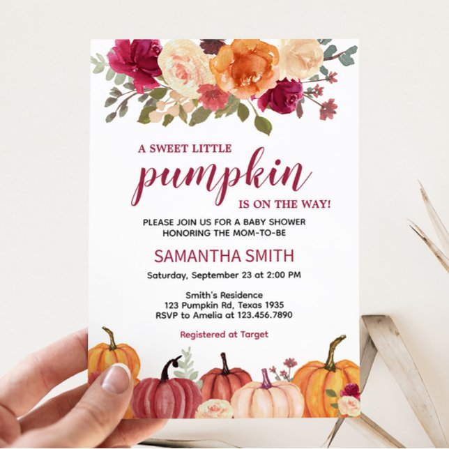 Marsala Burgundy Blommigt Pumpkin Baby Shower Inbjudningar (Marsala Floral Pumpkin Baby Shower Invitation)