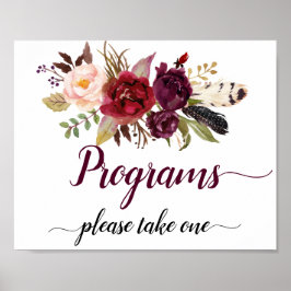 Marsala Burgundy Boho Blommig Bröllopsprogram Teck Poster