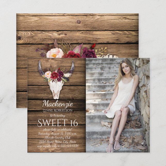 Marsala Burgundy Flowers Cow Skull Photo Sweet 16 Inbjudningar (Fram/baksida)