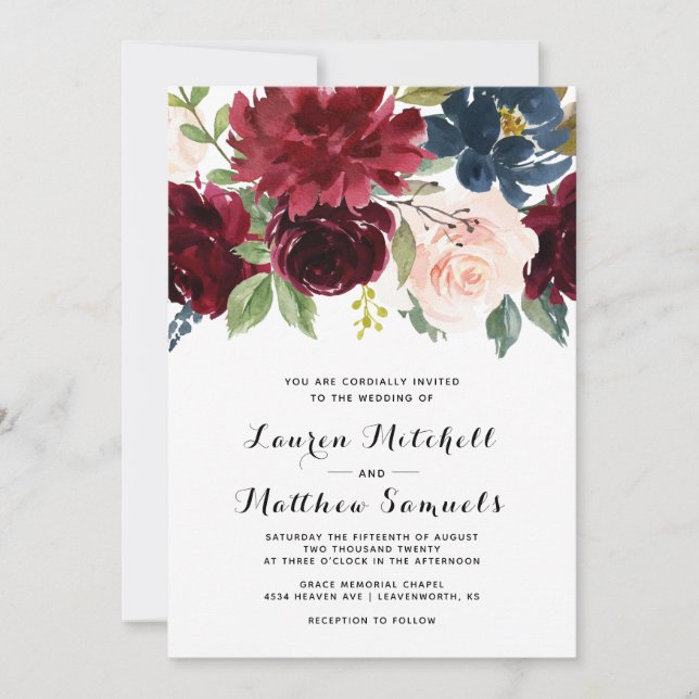 Marsala Burgundy Navy bröllopsinbjudan Inbjudningar (Framsida)