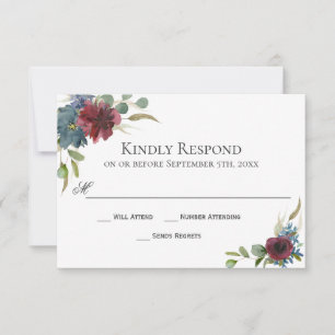 Marsala Burgundy Red and Blue Bröllop OSA Card Kort