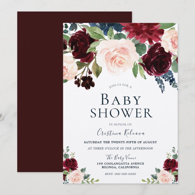 Marsala Burgundy Red  Blommigt Baby Shower Inbjudningar (Fram/baksida)