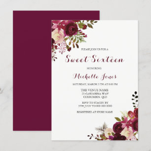 Marsala Burgundy Red Blommigt Vår Sweet 16 Inbjuda Inbjudningar
