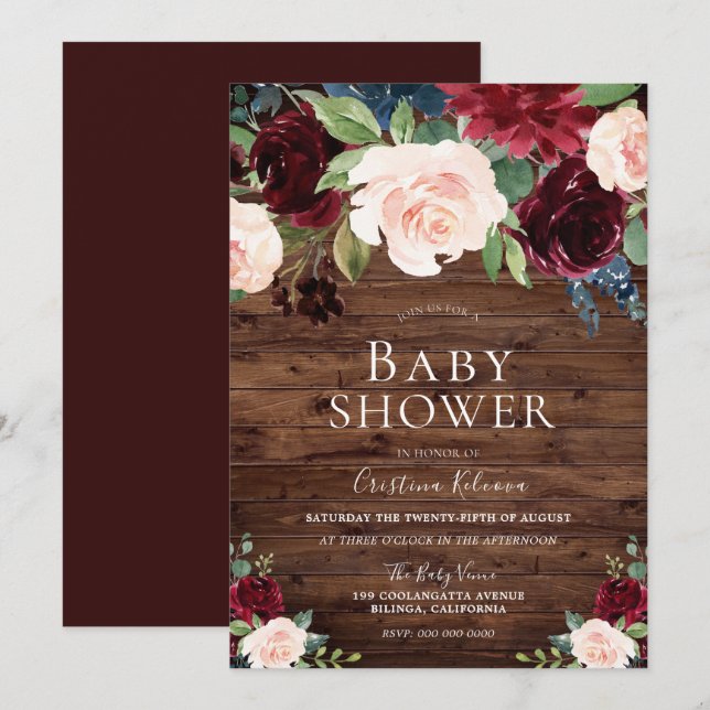 Marsala Burgundy Red &  Rustic Baby Shower Inbjudningar (Fram/baksida)