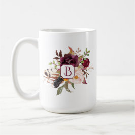 Marsala Burgundy röda rosa Boho befjädrar Monogram Kaffemugg