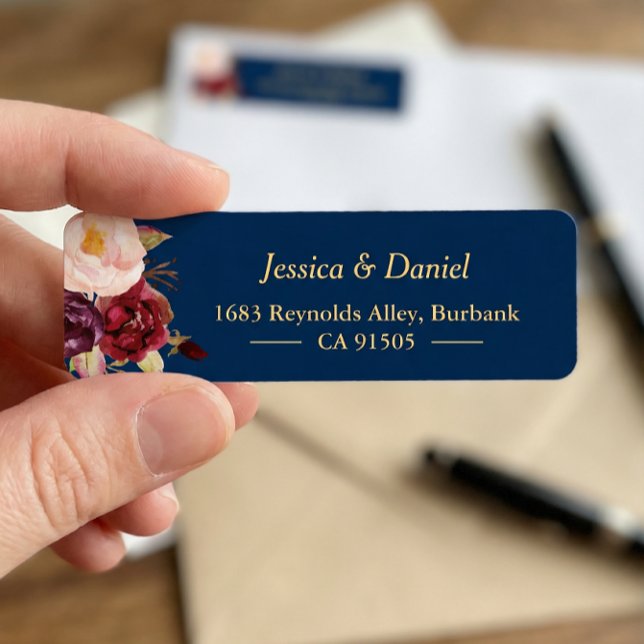 Marsala Burgundy Rosa Blommigt Navy Blue Returadress Etikett (Skapare uppladdad)