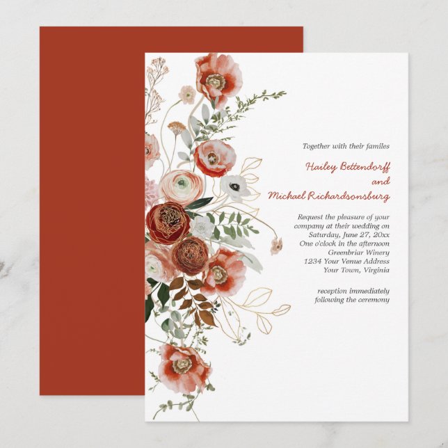 Marsala Burgundy Rosenskift Höst Blommig Bröllopsi Inbjudningar (Fram/baksida)
