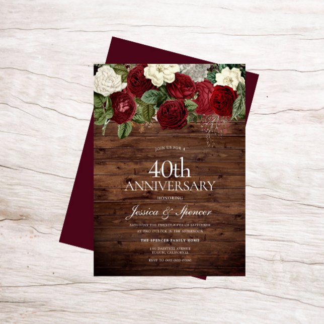 Marsala Burgundy Rustic Red Rose 40-årsjubileum Inbjudningar (Skapare uppladdad)