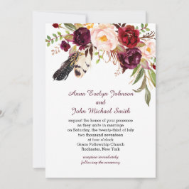 Marsala Burgundy Vit ros Feathers Boho Bröllop Inbjudningar