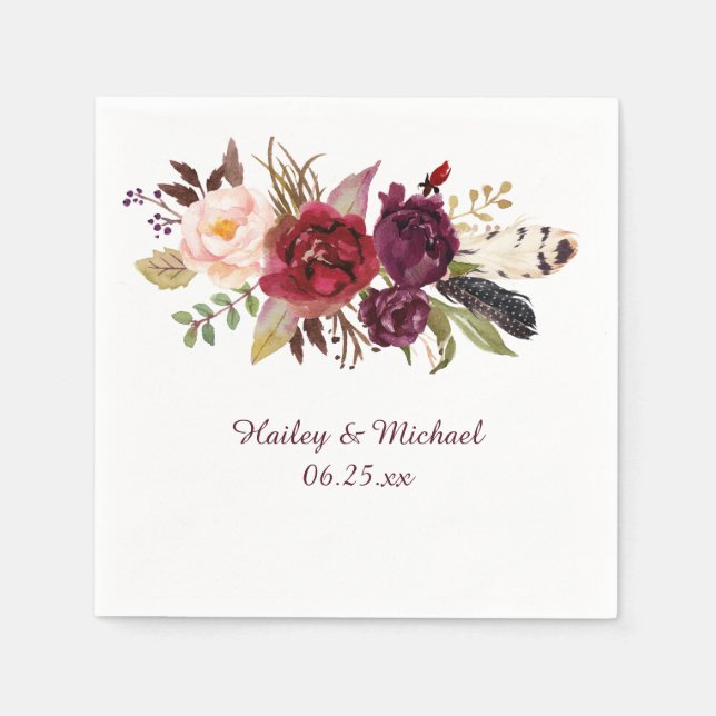 Marsala Burgundy Vit ros Feathers Boho Pappersservett (Framsidan)