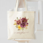 Marsala Burgundy Watercolor Blommigt Personlig Tygkasse<br><div class="desc">Vacker personlig,  handgjord lila med vattenfärg och maronblomma,  arrangemang till väskan med anpassningsbarnas handskrivna kalligrafi namn.</div>