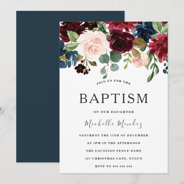 Marsala Burgundy Watercolor Flowers Baptism Inbjudningar (Fram/baksida)