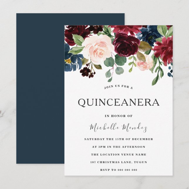 Marsala Burgundy Watercolor Flowers Quinceanera Inbjudningar (Fram/baksida)