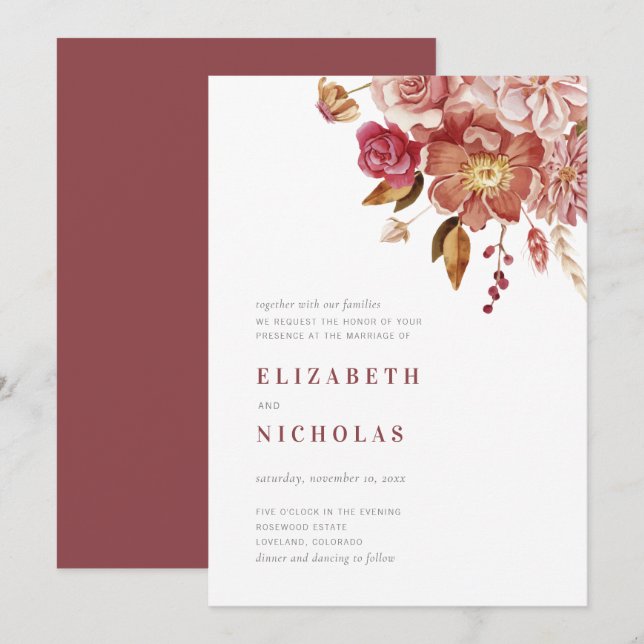 Marsala Elegant Watercolor Blommig Bröllop Inbjudningar (Fram/baksida)