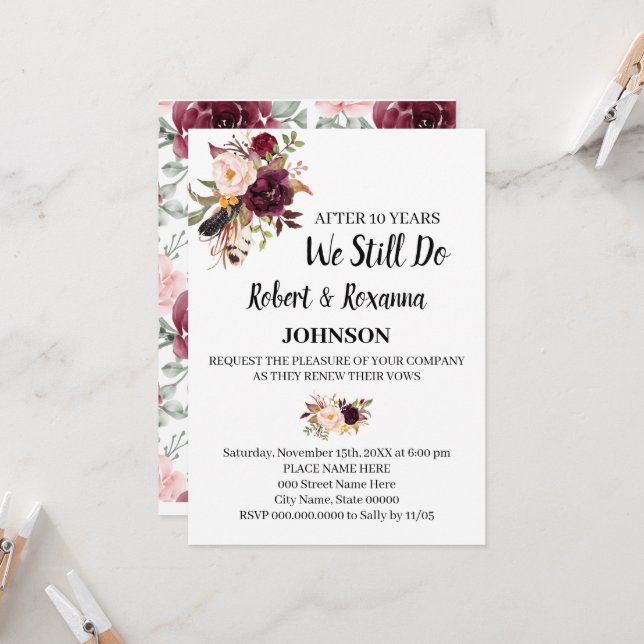 Marsala Flowers Bröllop-årsdagen för förnyelse av  Inbjudningar (Fram/Back In Situ)