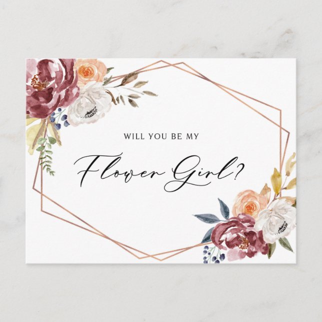 Marsala Flowers geometric be my Flower Girl Card Inbjudan Vykort (Framsida)