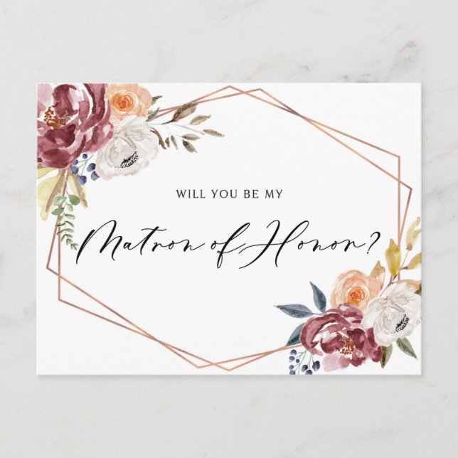 Marsala Flowers Geometric Matron of Honor Card Inbjudan Vykort (Framsida)