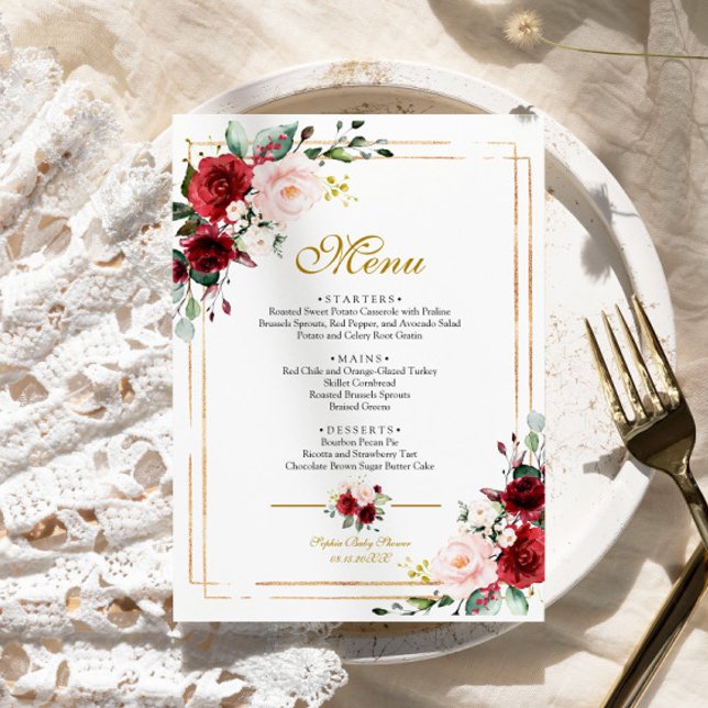 Marsala Flowers & Guld Ram Baby Shower Menu Meny (Skapare uppladdad)