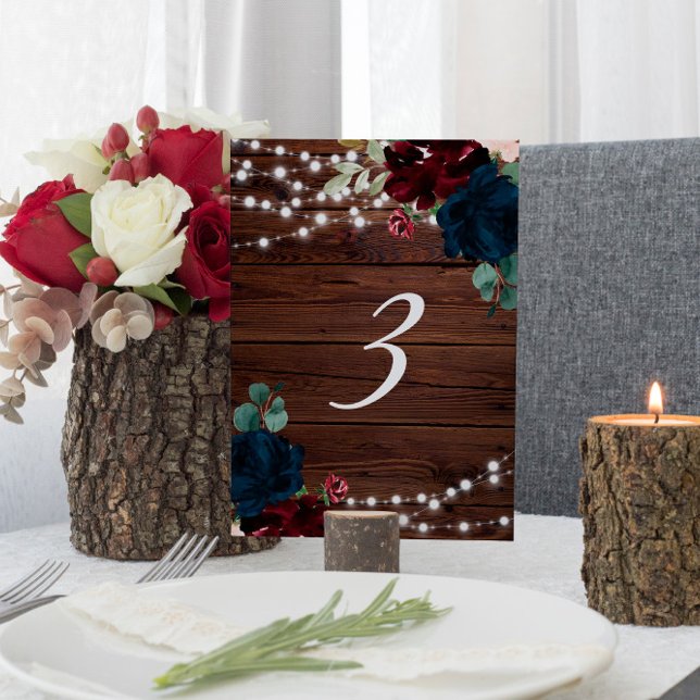 Marsala & Flowers Rustic Wood Bord 3 Bröllop Bordsnummer (Skapare uppladdad)