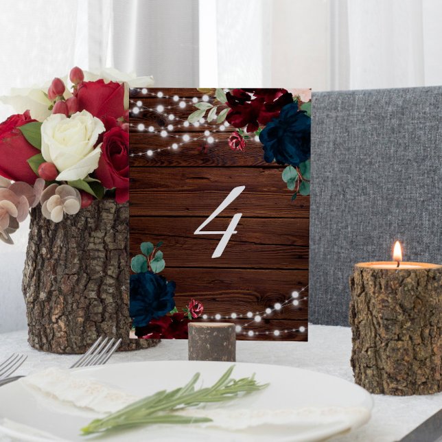 Marsala & Flowers Rustic Wood Bord 4 Bröllop Bordsnummer (Skapare uppladdad)