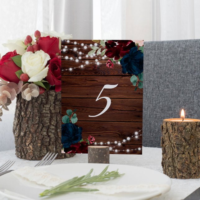 Marsala & Flowers Rustic Wood Bord 5 Bröllop Bordsnummer (Skapare uppladdad)