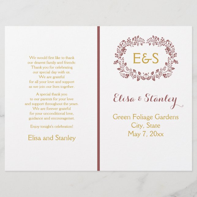 Marsala foliage wandefrand ram bröllopsprogram (Framsida)