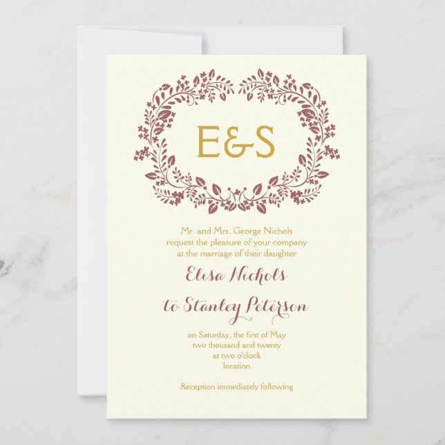 Marsala folieutandning ram med initialer bröllop inbjudningar (Framsida)