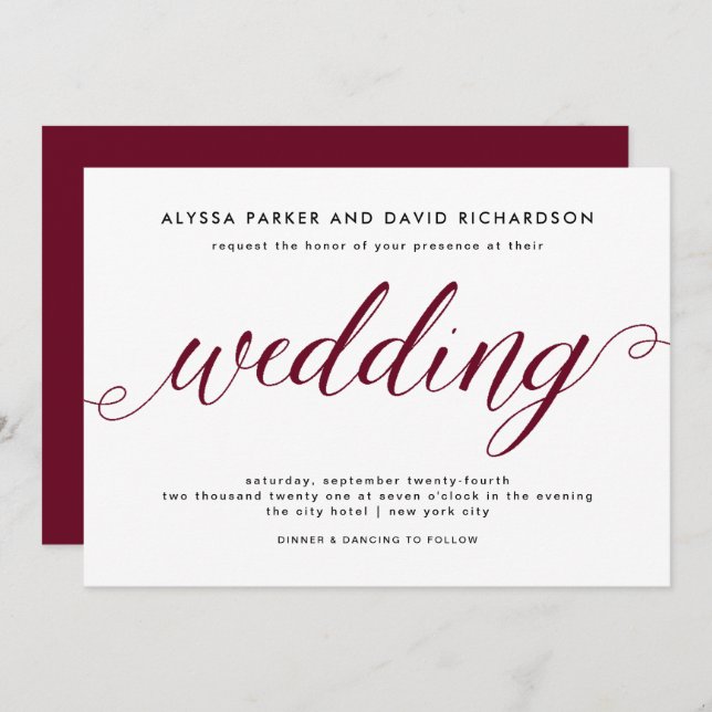 Marsala | Inbjudan till elegant Script-bröllop (Fram/baksida)