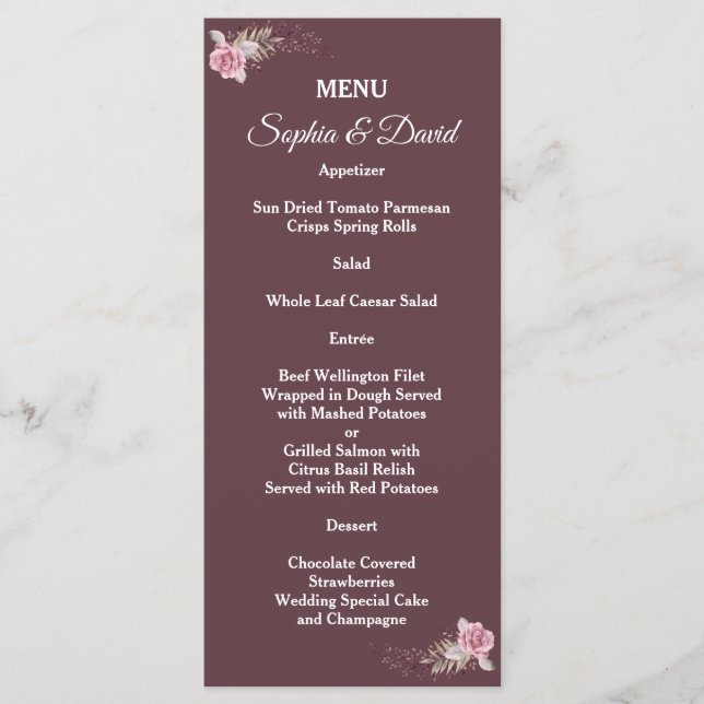 Marsala Maroon Boho Blommigt Bröllop Menu Meny (Framsida)